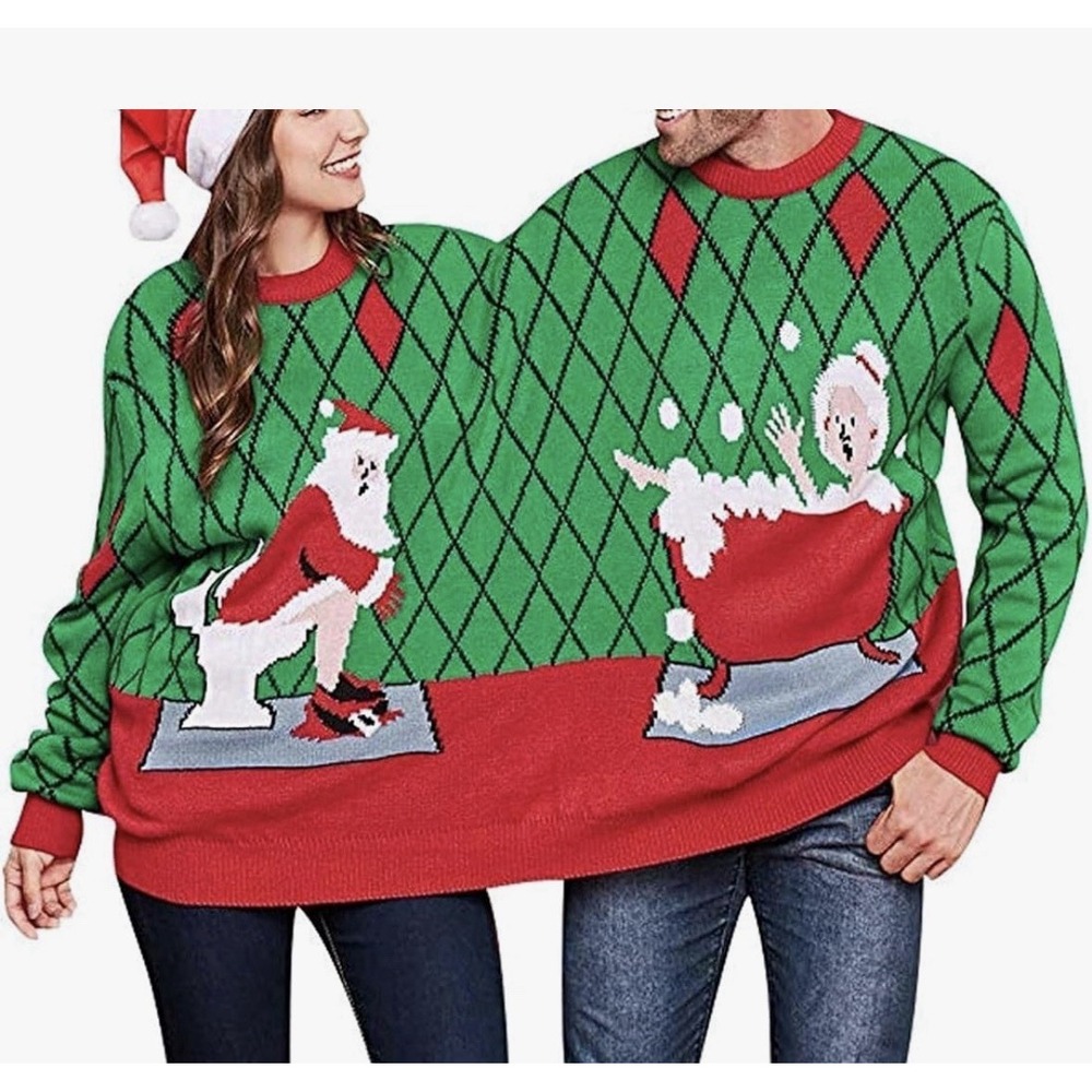 Ugly Christmas Sweater 2 Person Size L Santa Mrs Claus Holiday Couple Sweater